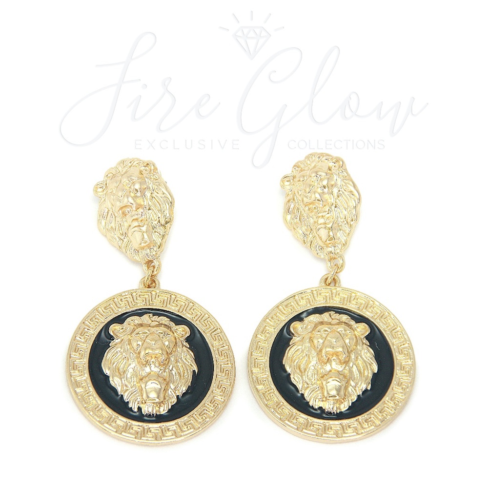 Black and Gold Tone Framed Lion Earrings - Picture 2 of 9